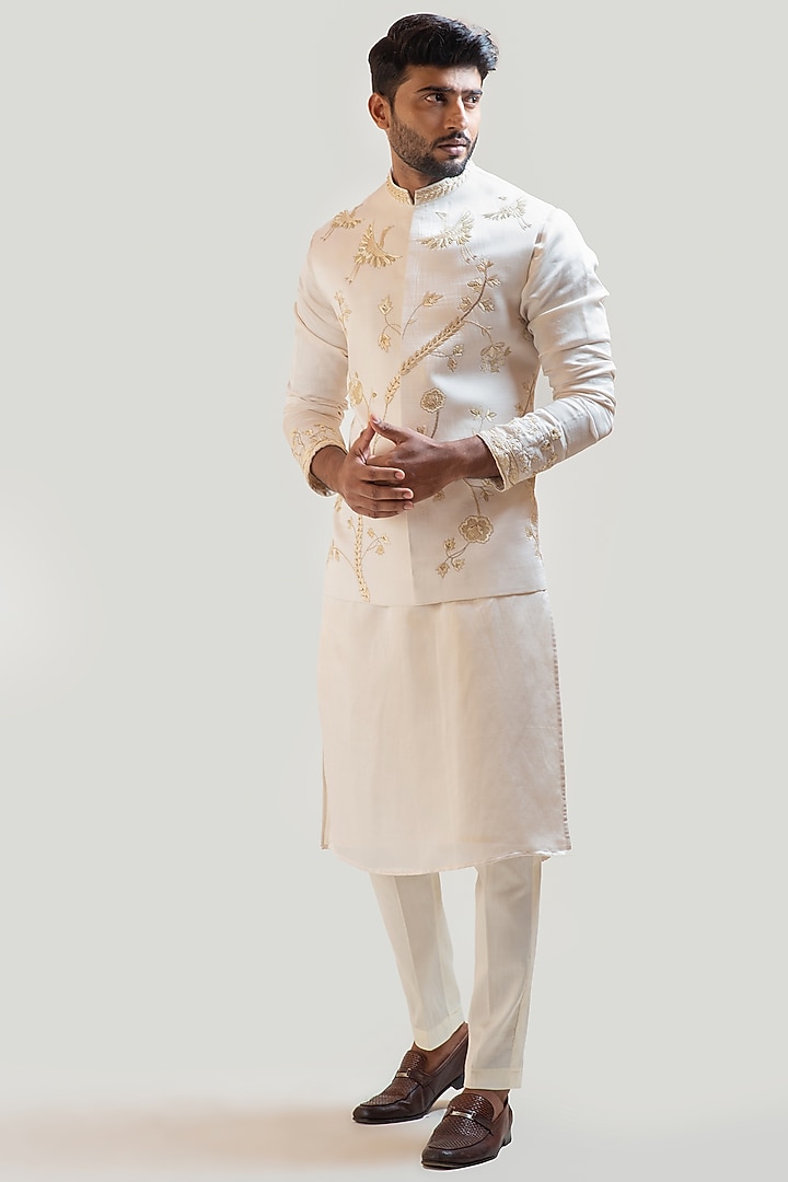 Cream Linen Satin Embroidered Nehru Jacket Set by PAARSH at Pernia's Pop Up Shop