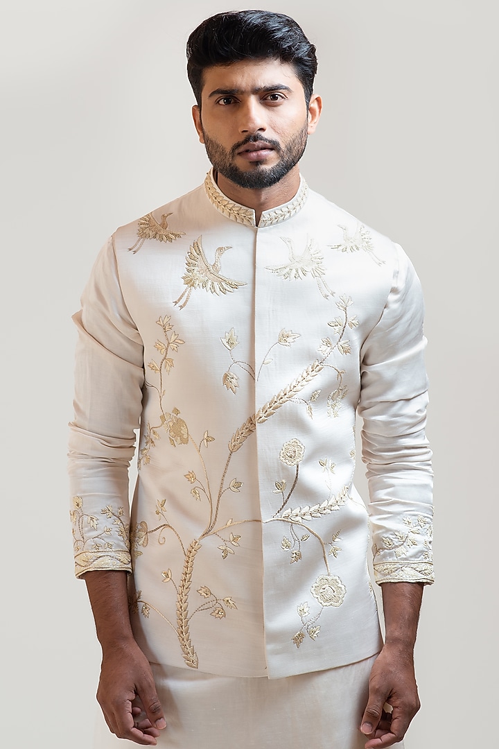 Cream Linen Satin Embroidered Nehru Jacket Set by PAARSH at Pernia's Pop Up Shop