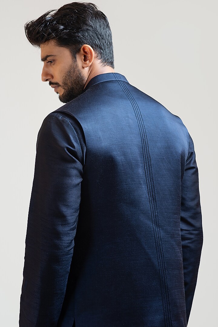 Navy Blue Kurta Set With Nehru Jacket by PAARSH at Pernia's Pop Up Shop