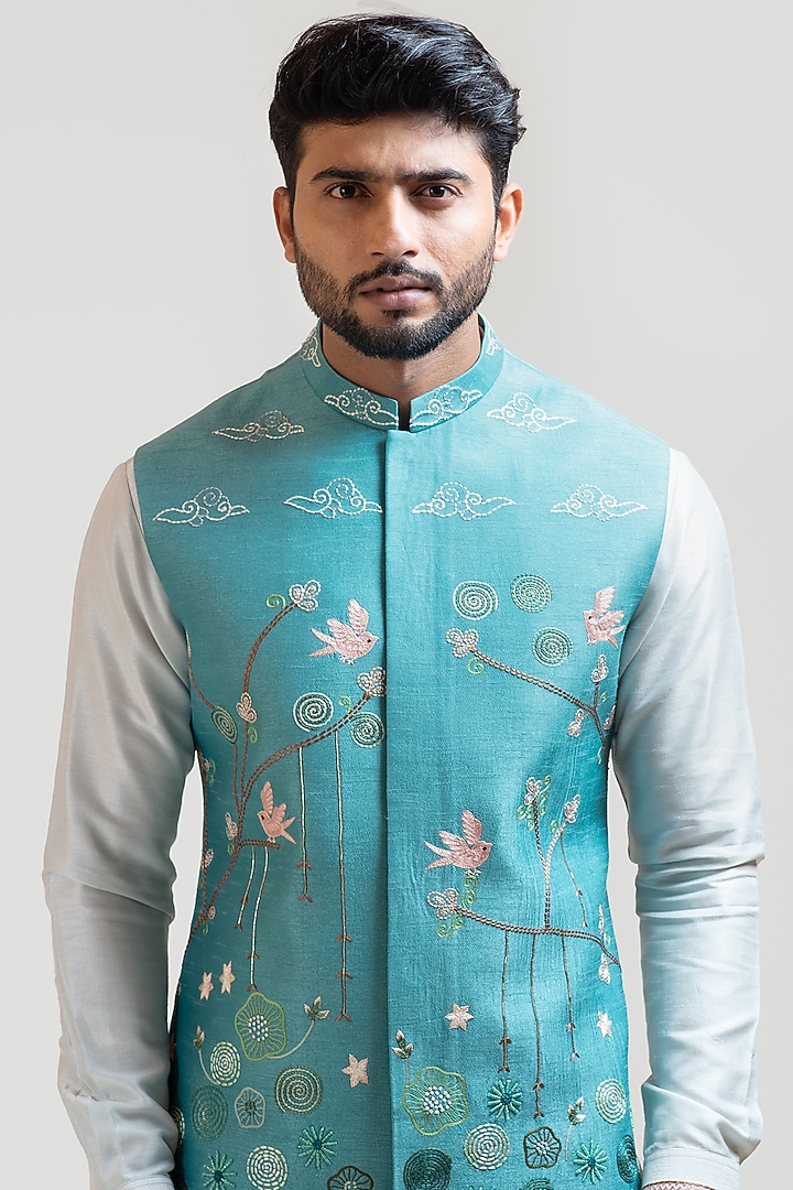 Blue Bam Silk Madhubani Motif Embroidered Nehru Jacket Set by PAARSH at Pernia's Pop Up Shop