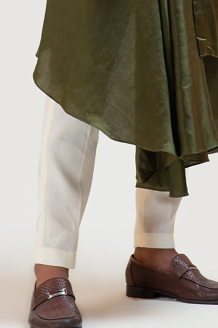 Mehendi Green Linen Satin Motif Embroidered Nehru Jacket Set by PAARSH at Pernia's Pop Up Shop