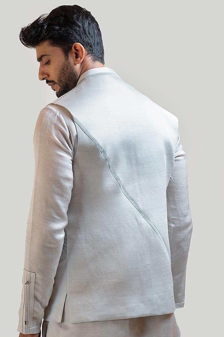 Light Grey Linen Satin Thread Embroidered Nehru Jacket Set by PAARSH at Pernia's Pop Up Shop