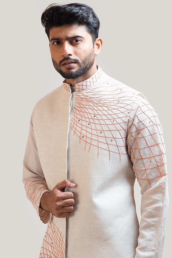 Light Grey Kurta Set With Embroidered Nehru Jacket by PAARSH at Pernia's Pop Up Shop