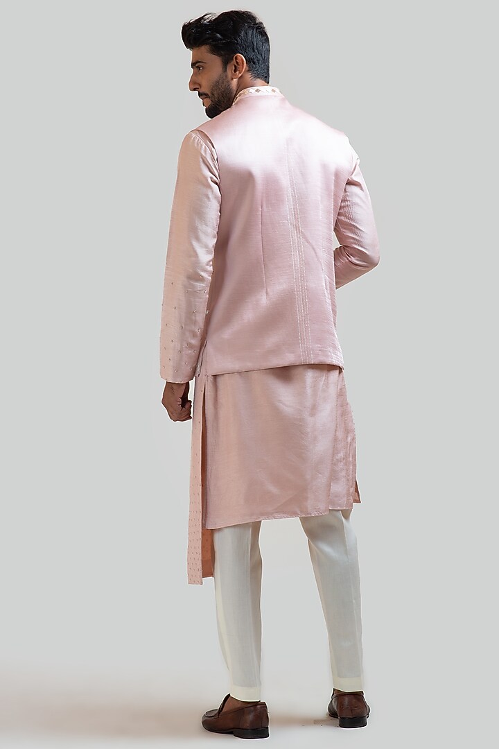 Onion Pink Pleated Kurta Set With Nehru Jacket by PAARSH at Pernia's Pop Up Shop
