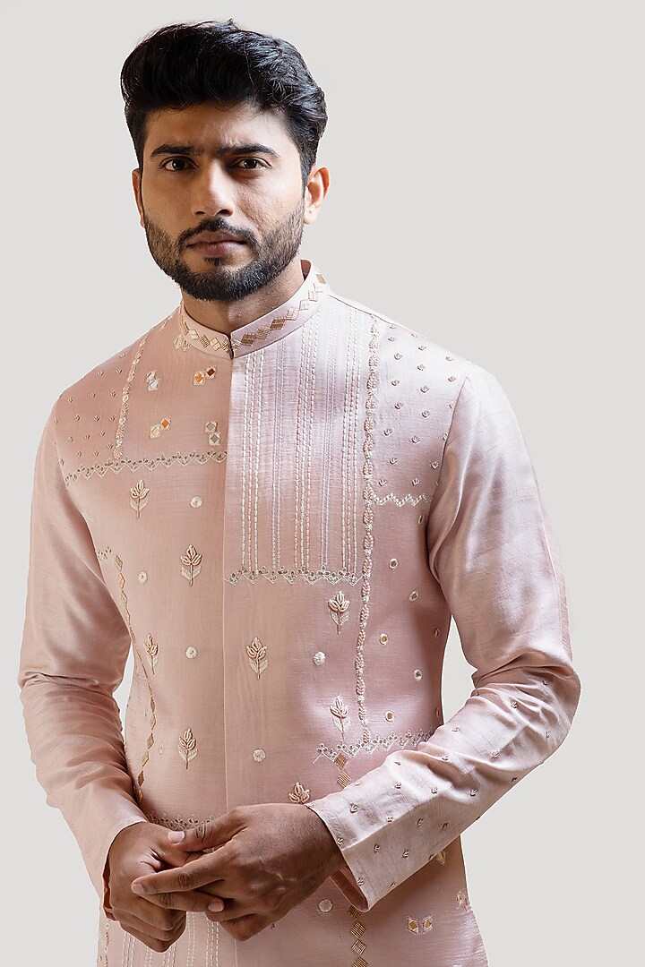 Onion Pink Pleated Kurta Set With Nehru Jacket by PAARSH at Pernia's Pop Up Shop