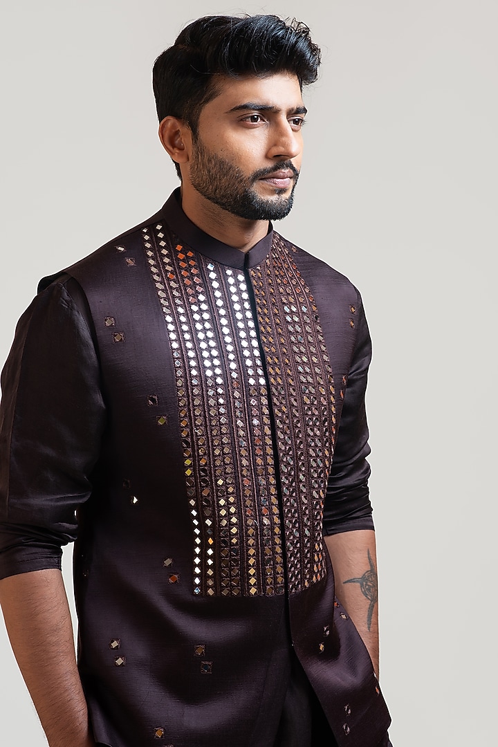 Coco Brown Kurta Set With Nehru Jacket by PAARSH at Pernia's Pop Up Shop