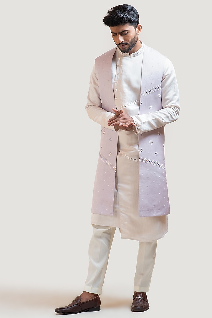 Lilac Linen Satin MIrror Embroidered Indo Western Set by PAARSH at Pernia's Pop Up Shop