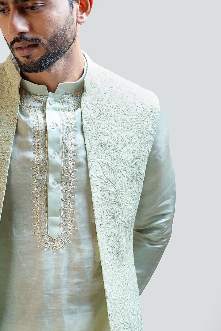 Mint Green Georgette Chikankari Embroidered Indowestern Set by PAARSH at Pernia's Pop Up Shop