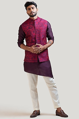 Purple Kurta Set With Nehru Jacket by PAARSH