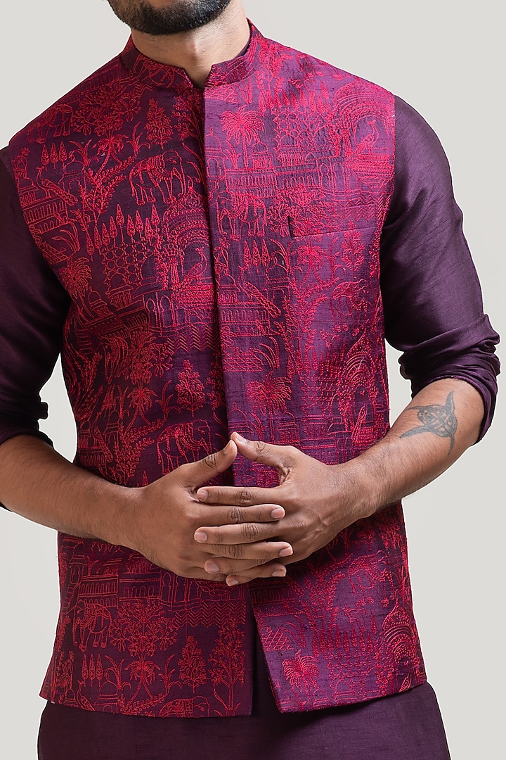 Kurta Pajama Nehru Jacket With Jeans Combination Purple Kurta Set