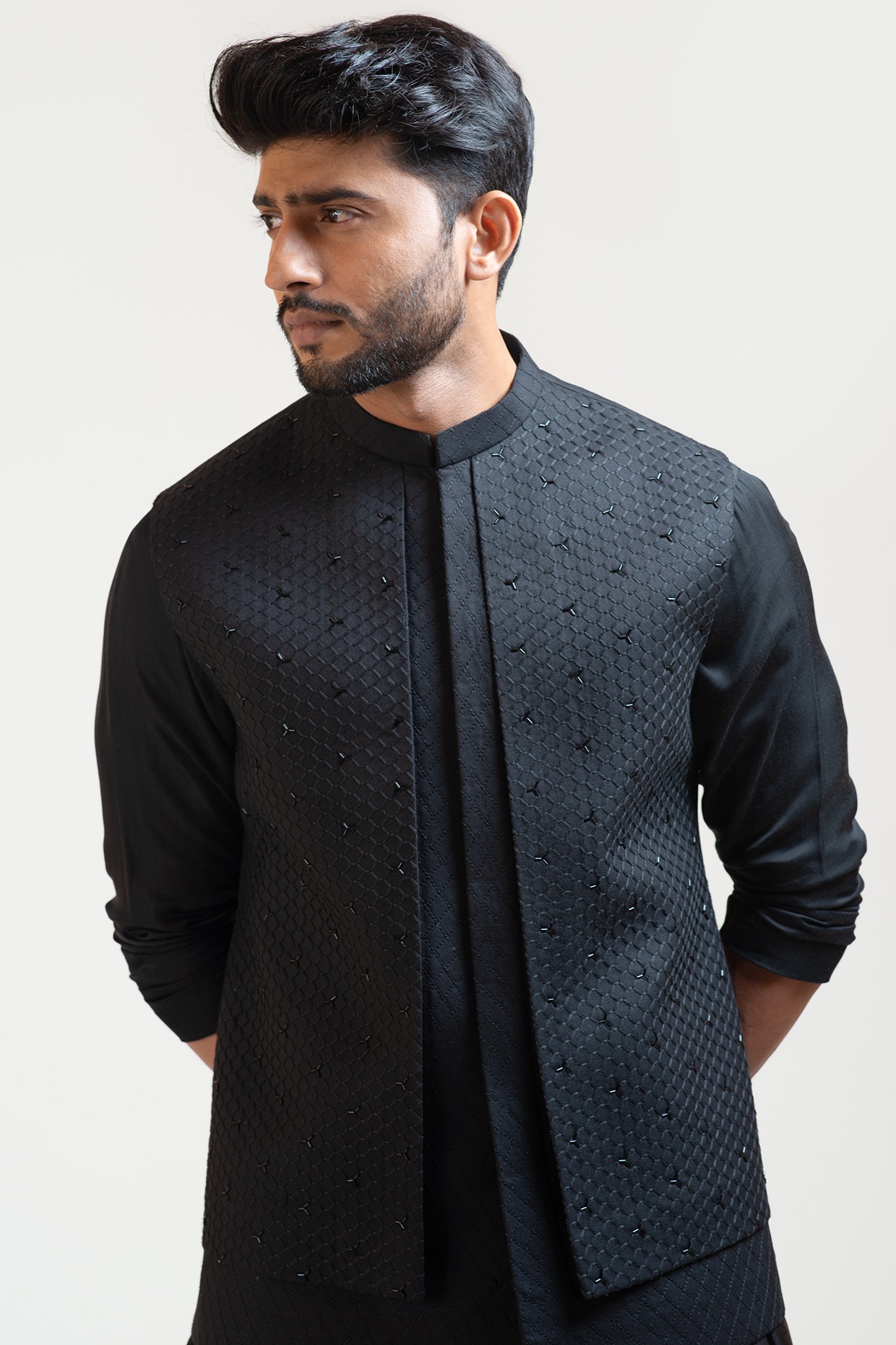 Black chevron printed brocade nehru jacket with black kurta and pyjama -  Set Of Three by The Weave Story | The Secret Label