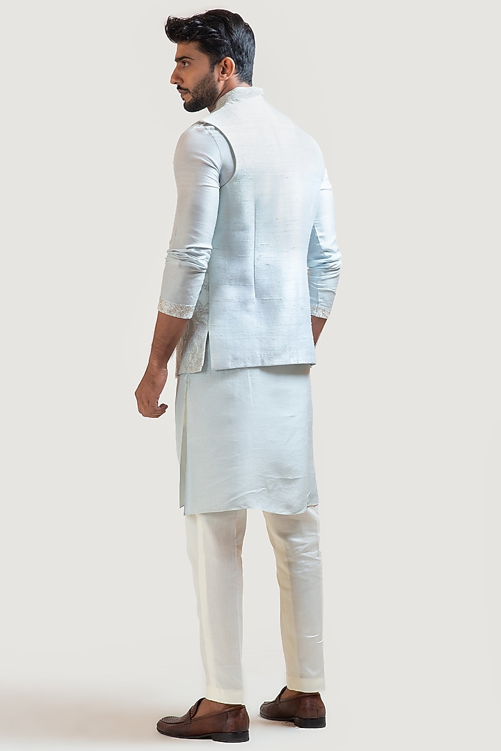 Ice Blue Raw Silk Zari Embroidered Nehru Jacket Set by PAARSH at Pernia's Pop Up Shop