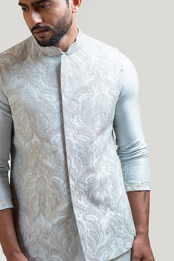 Ice Blue Raw Silk Zari Embroidered Nehru Jacket Set by PAARSH at Pernia's Pop Up Shop