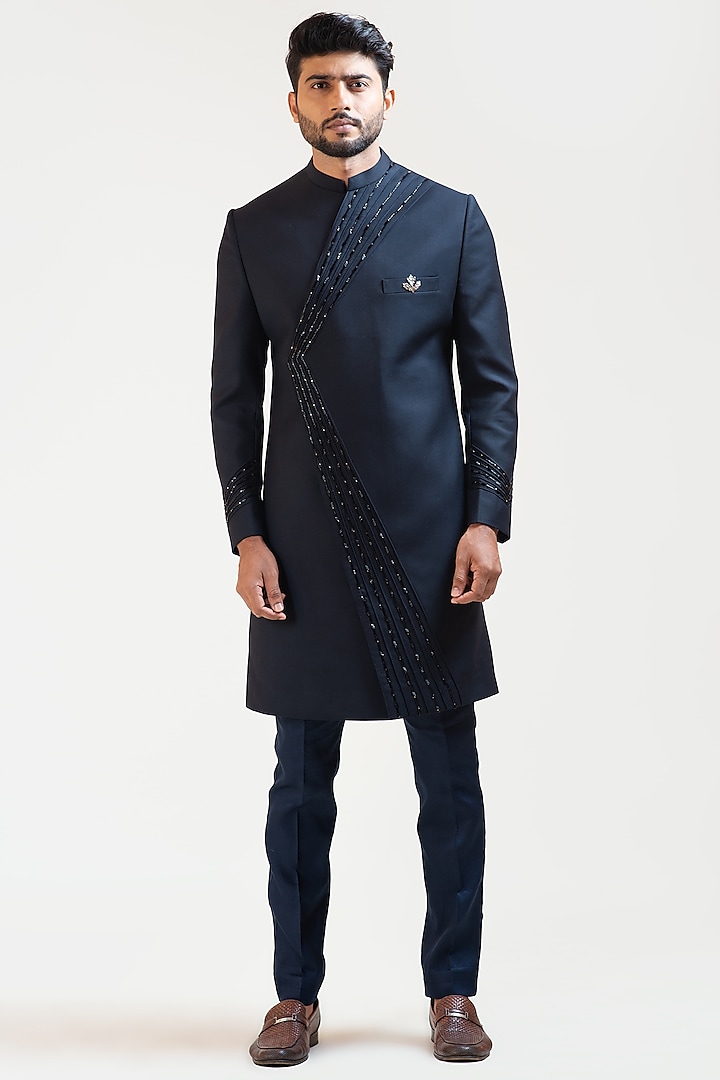 Black-Blue Embroidered Indo-Western Jacket Set by PAARSH