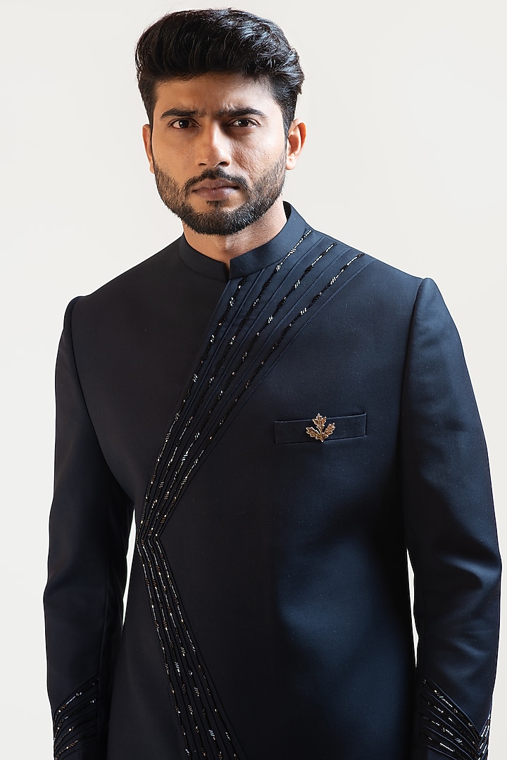 Black-Blue Embroidered Indo-Western Jacket Set by PAARSH at Pernia's Pop Up Shop