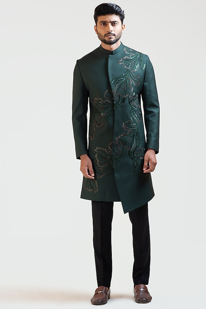 Green Embroidered Indo-Western Jacket Set by PAARSH