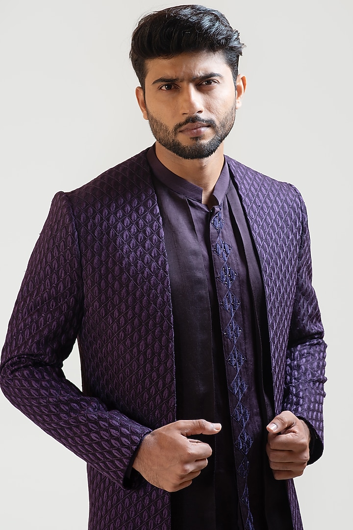 Purple Embroidered Wedding Indowestern Set by PAARSH at Pernia's Pop Up Shop