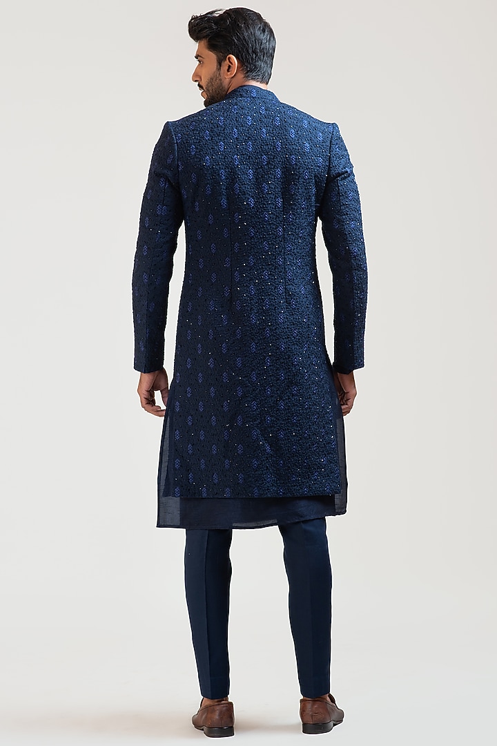Navy Blue Embroidered Wedding Indowestern Jacket Set by PAARSH at Pernia's Pop Up Shop