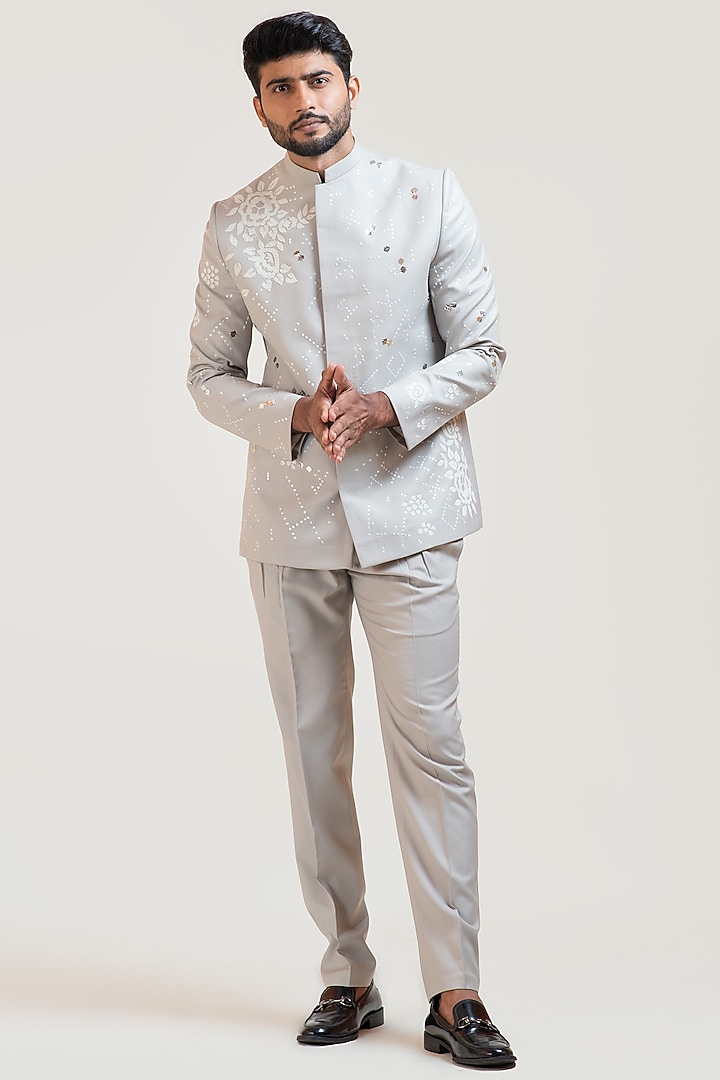 Grey Embroidered Wedding Bandhgala Jacket Set by PAARSH at Pernia's Pop Up Shop