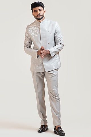 Grey Embroidered Bandhgala Jacket Set by PAARSH