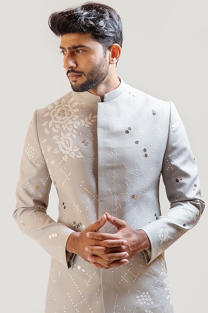 Grey Embroidered Wedding Bandhgala Jacket Set by PAARSH at Pernia's Pop Up Shop