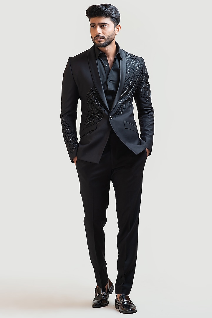 Black Embroidered Blazer Set With Satin Lapel by PAARSH
