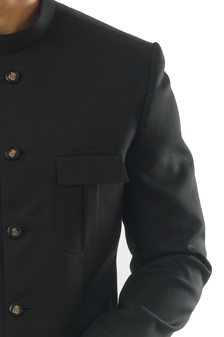 Black Terrycot Bandhgala Jacket Set by PAARSH at Pernia's Pop Up Shop