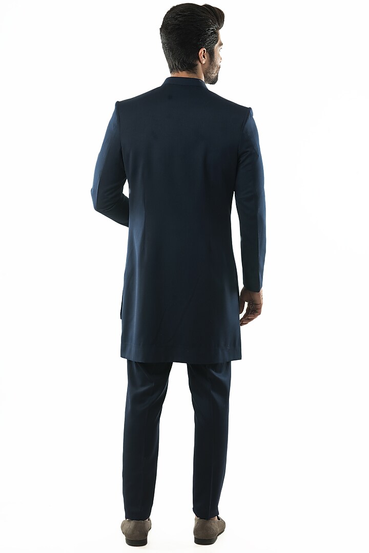 Navy Blue Hand Embroidered Asymmetrical Indo-Western Jacket Set by PAARSH at Pernia's Pop Up Shop
