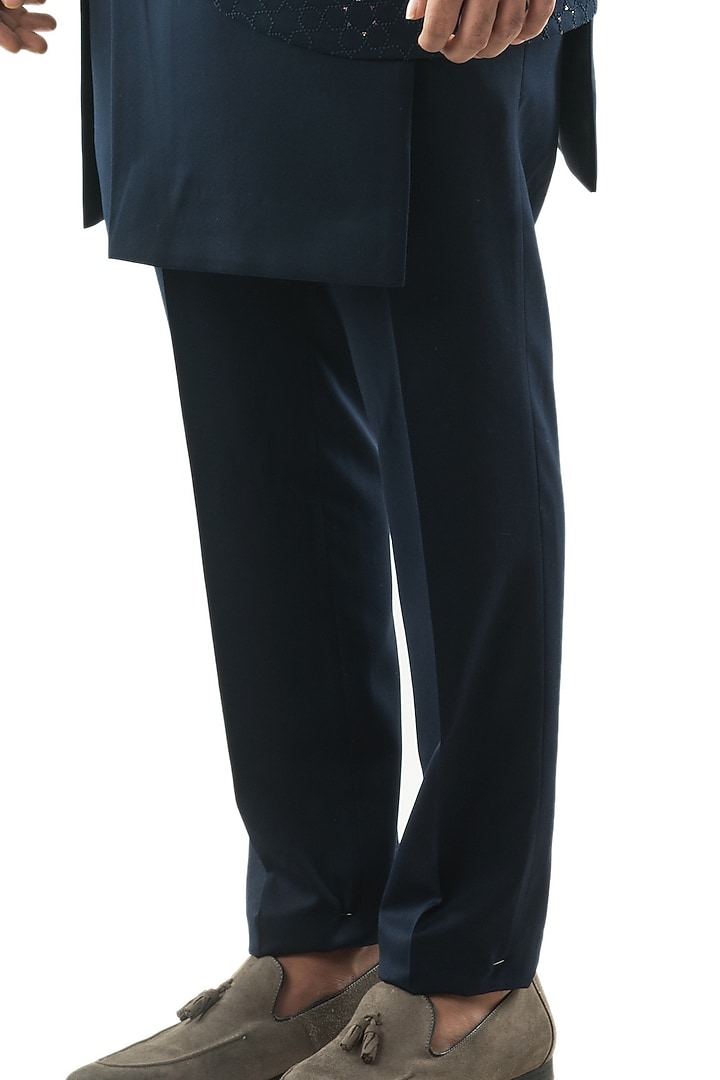 Navy Blue Hand Embroidered Asymmetrical Indo-Western Jacket Set by PAARSH at Pernia's Pop Up Shop