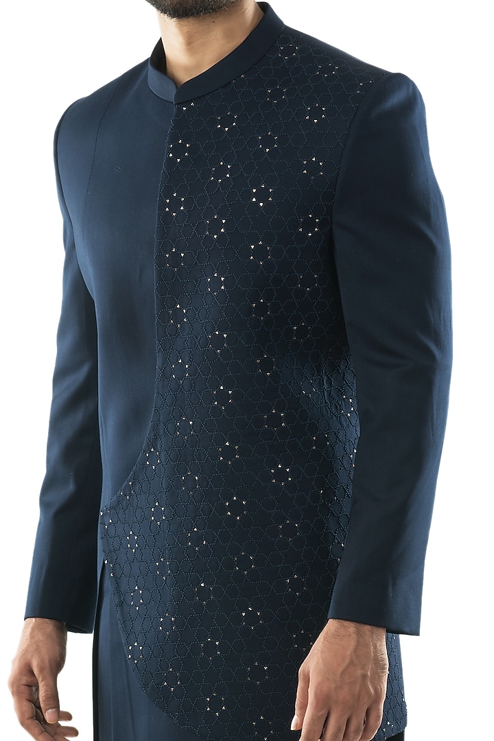 Navy Blue Hand Embroidered Asymmetrical Indo-Western Jacket Set by PAARSH at Pernia's Pop Up Shop