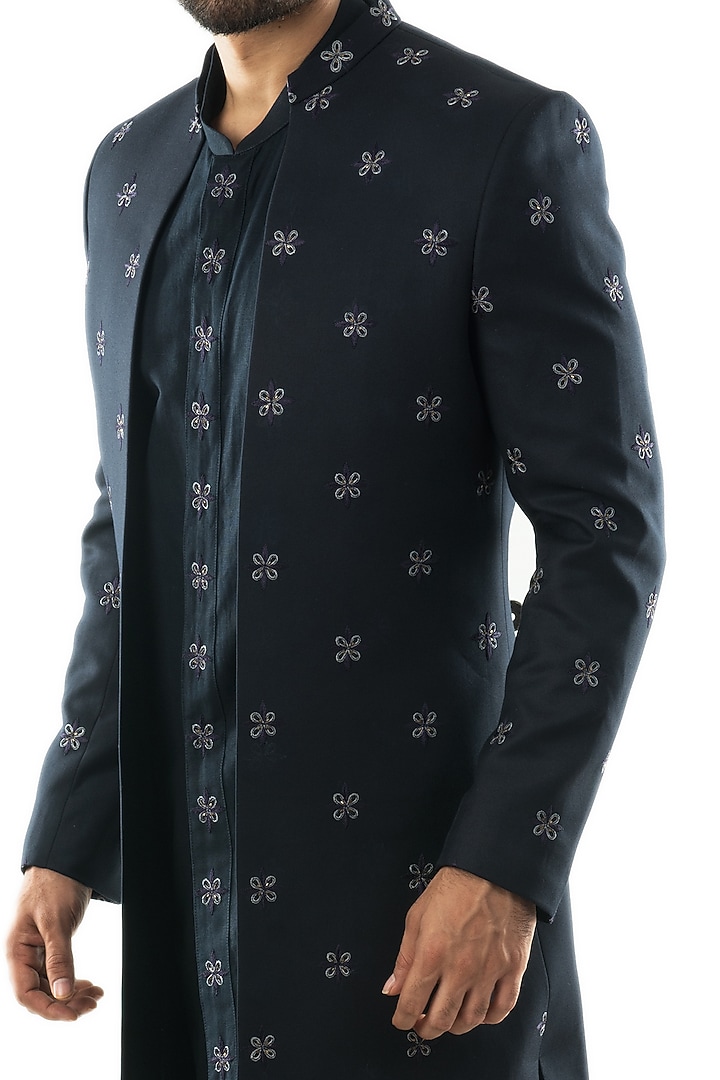 Midnight Blue Embroidered Wedding Indowestern Set by PAARSH at Pernia's Pop Up Shop