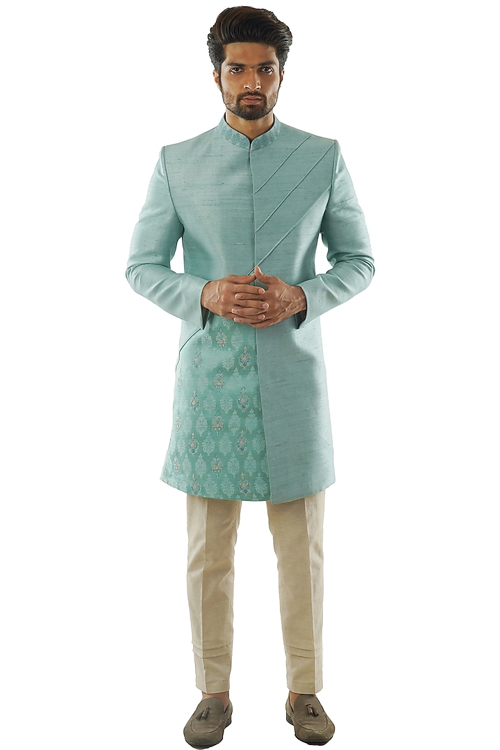 Pastel Blue Hand Embroidered Achkan Jacket Set by PAARSH