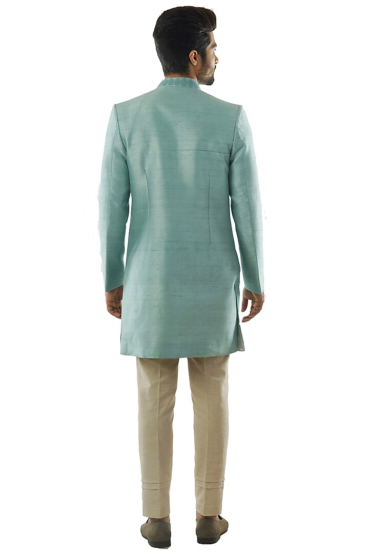Pastel Blue Hand Embroidered Achkan Jacket Set by PAARSH at Pernia's Pop Up Shop