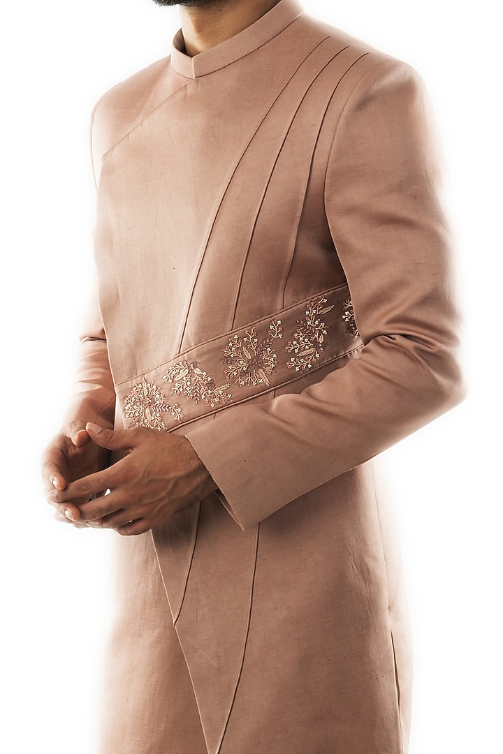 Mauve Hand Embroidered Asymmetrical Achkan Jacket Set by PAARSH at Pernia's Pop Up Shop