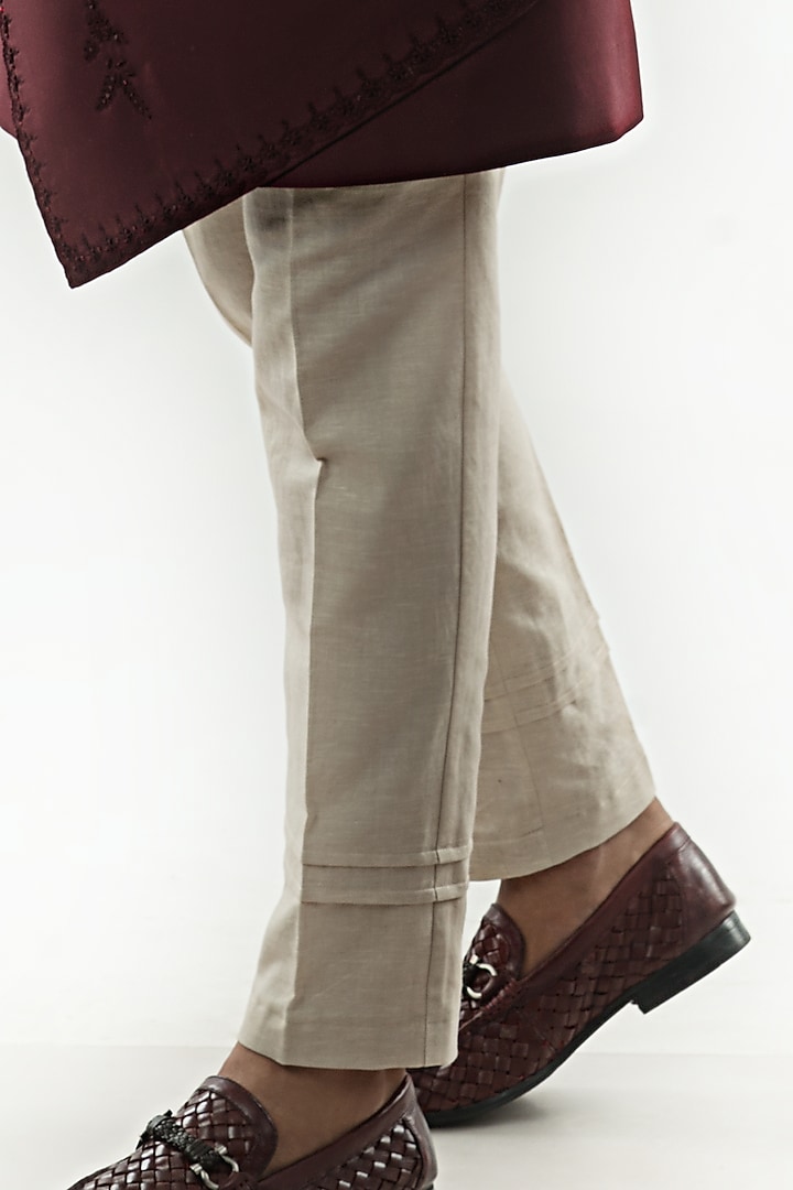 Red Wine Hand Embroidered Asymmetrical Achkan Jacket Set by PAARSH at Pernia's Pop Up Shop