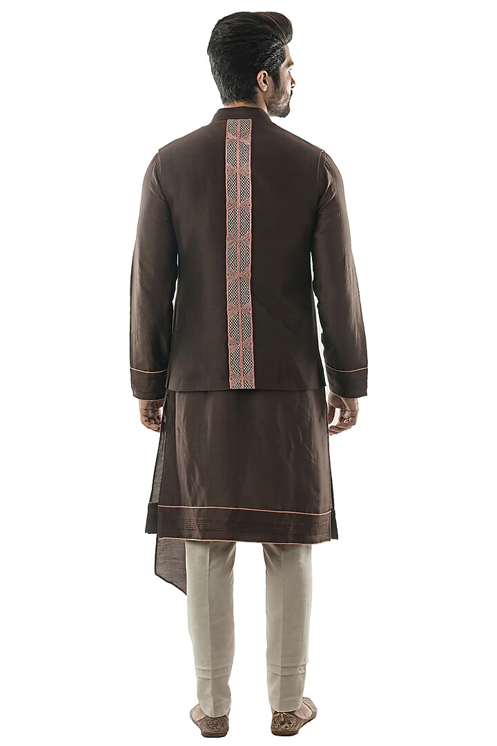 Brown Bamboo Silk Thread Embroidered Bundi Jacket Set by PAARSH at Pernia's Pop Up Shop