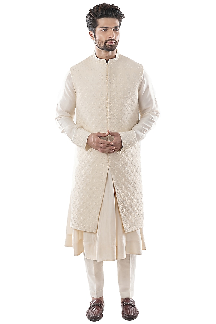 Cream Terrycot Embroidered Indowestern Set by PAARSH