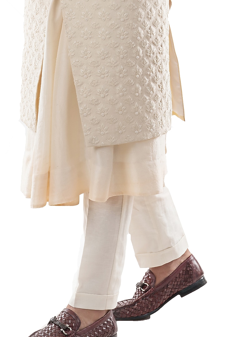 Cream Terrycot Embroidered Wedding Indowestern Set by PAARSH at Pernia's Pop Up Shop