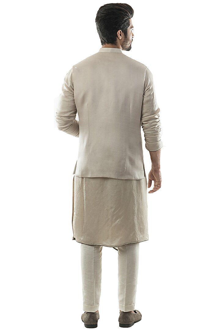 Oyster Grey Draped Kurta Set With Nehru Jacket by PAARSH at Pernia's Pop Up Shop