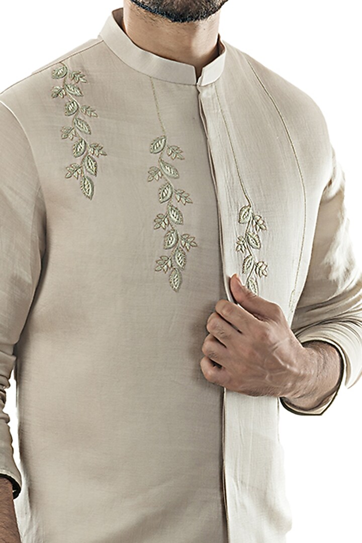 Oyster Grey Draped Kurta Set With Nehru Jacket by PAARSH at Pernia's Pop Up Shop