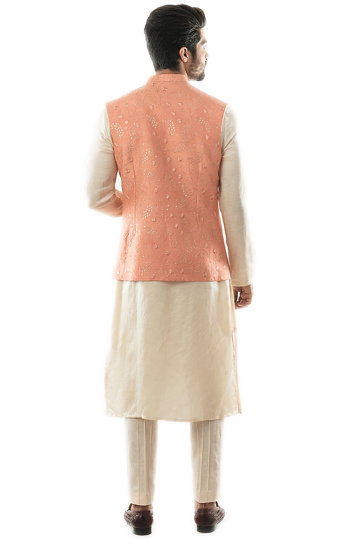 Cream Double-Paneled Kurta Set With Nehru Jacket by PAARSH at Pernia's Pop Up Shop