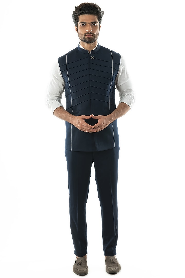 Navy Blue Terrycot Bundi Jacket by PAARSH at Pernia's Pop Up Shop