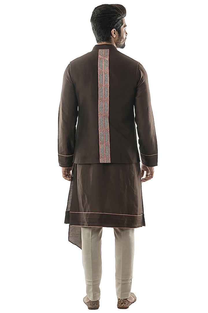 Brown Linen Satin Thread Embroidered Bundi Jacket by PAARSH at Pernia's Pop Up Shop