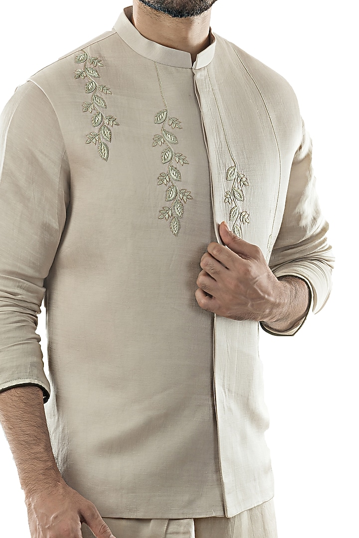 Oyster Grey Embroidered Nehru Jacket by PAARSH at Pernia's Pop Up Shop