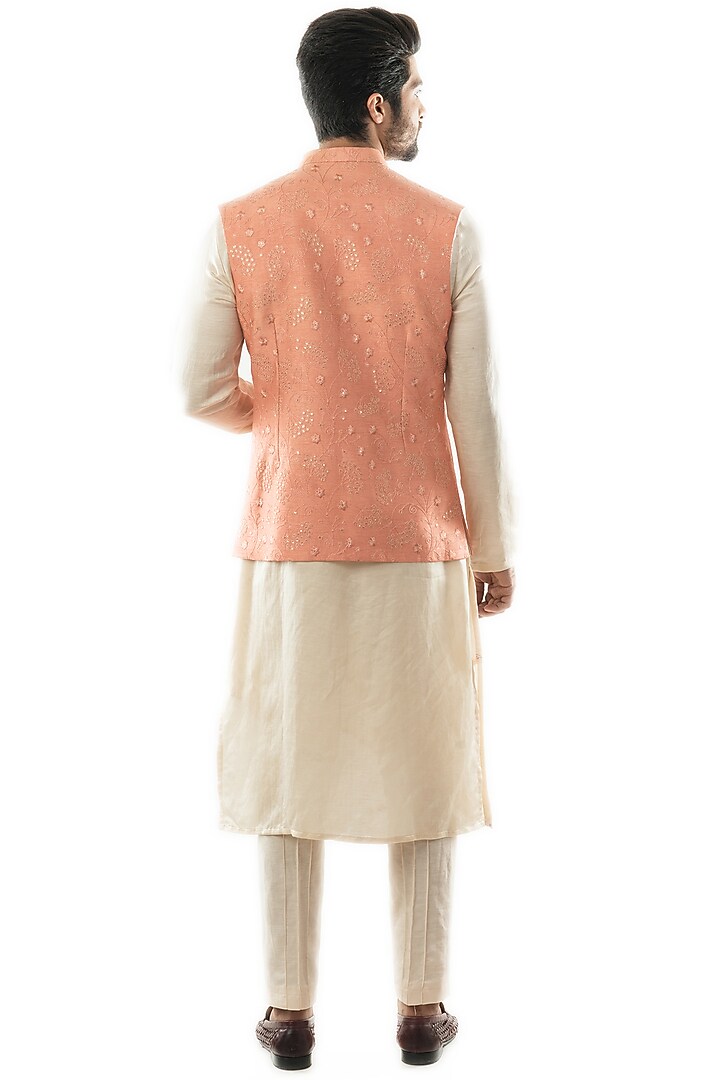 Peach Raw Silk Floral Printed Nehru Jacket by PAARSH at Pernia's Pop Up Shop