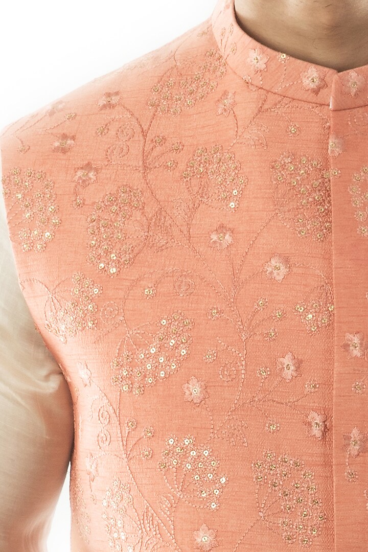 Peach Raw Silk Floral Printed Nehru Jacket by PAARSH at Pernia's Pop Up Shop