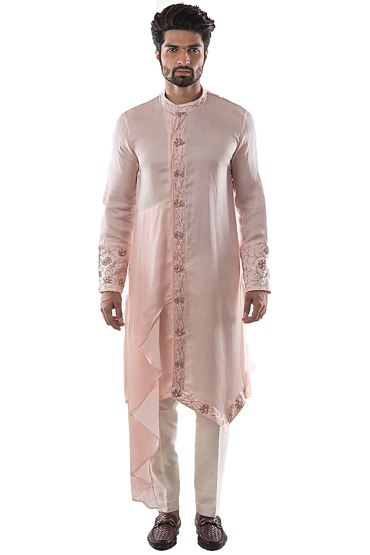 Dusty Pink Embroidered Asymmetrical Kurta Set by PAARSH