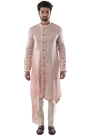 Dusty Pink Embroidered Asymmetrical Kurta Set by PAARSH