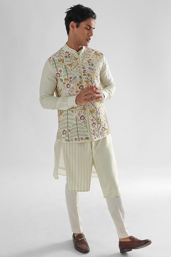 Lime Yellow Bamberg Silk Embroidered Nehru Jacket Set by PAARSH