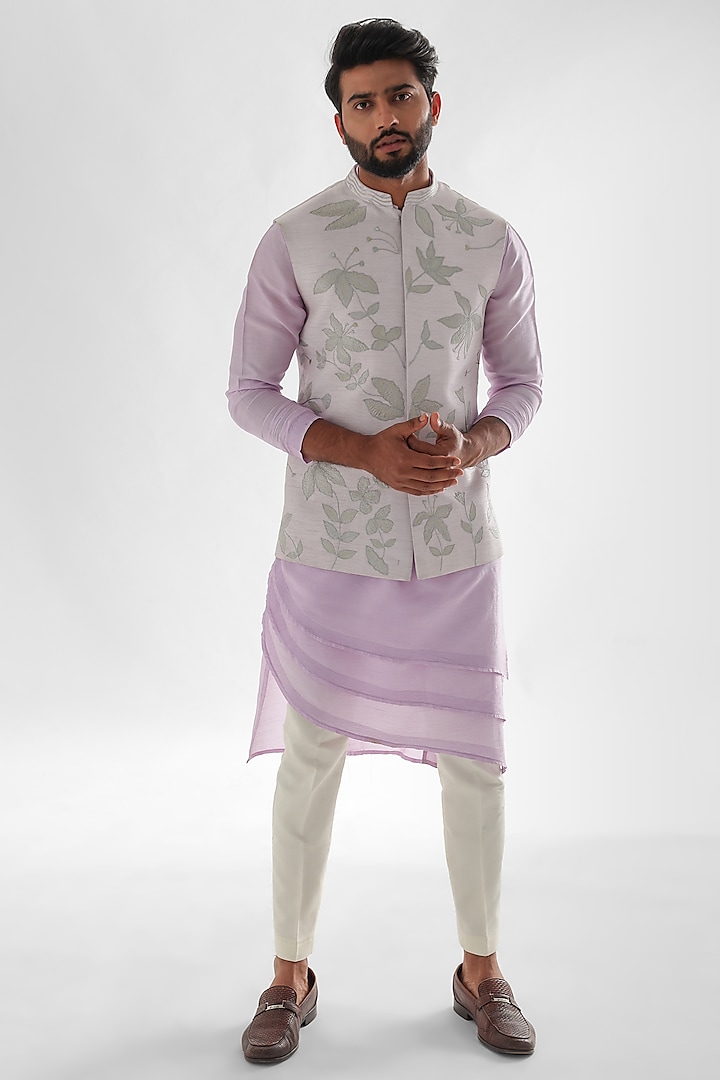 Light Lavender Bamberg Silk Embroidered Nehru Jacket Set by PAARSH